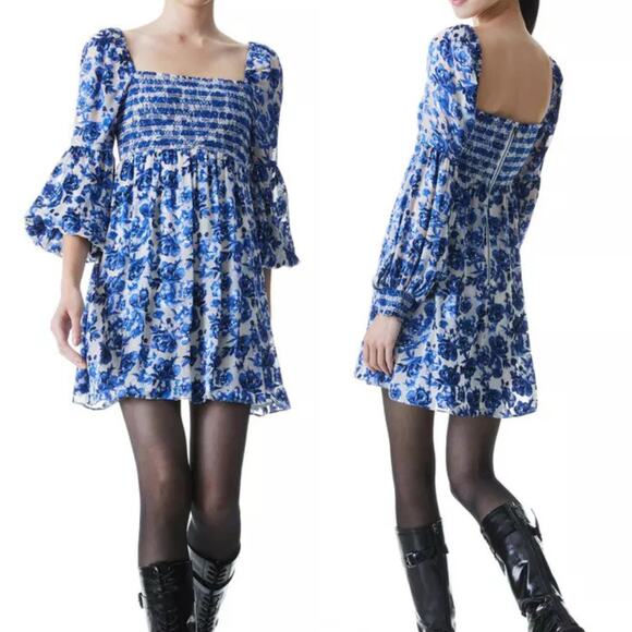 Alice + Olivia Cooper Antique Blue Floral Silk Blend Smocked Dainty Mini Dress - Picture 1 of 13